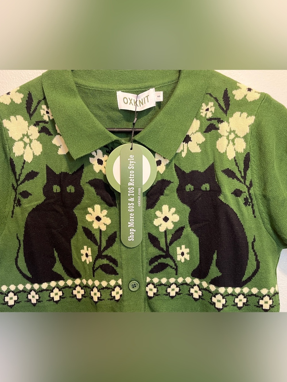 Oxknit Black Cat Green Collared SweaterShirt NWT Small - Picture 2 of 3